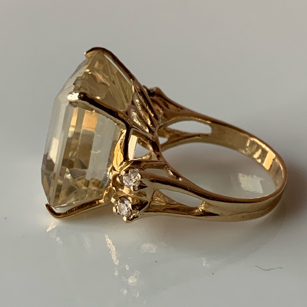 VINTAGE 14K YELLOW GLD HUGE EMERALD STEP CUT LEMON CITRINE QUARTZ RING STATEMENT - Picture 7 of 16